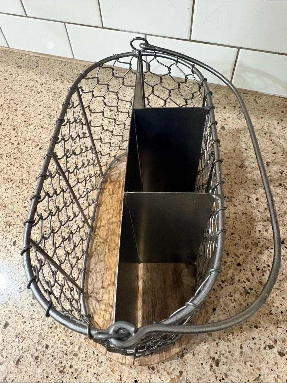 Rustic Metal Wire Organizer with Wood Base - Gray utensil holder- farmhouse